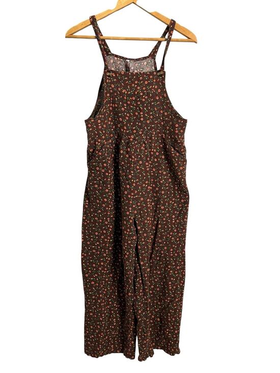 Unknown Pants - Floral Overall Jumpsuit Womens Large Brown Sleeveless Square Neck Pockets Boho